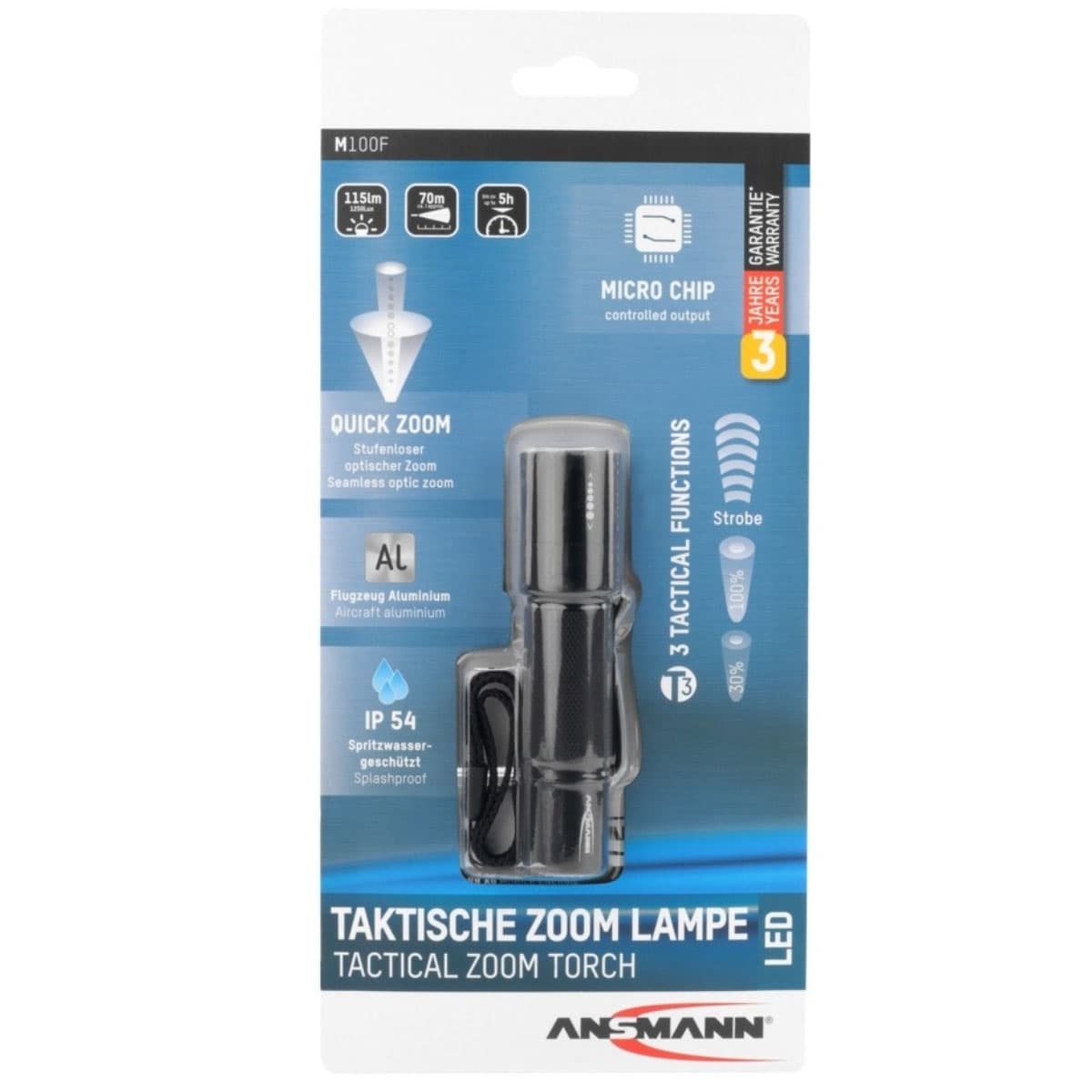 Ansmann M100F la lampe de poche tactique avec mise au point en continu, comprenant 1x pile AA Mignon, clip de maintien amovible et dragonne