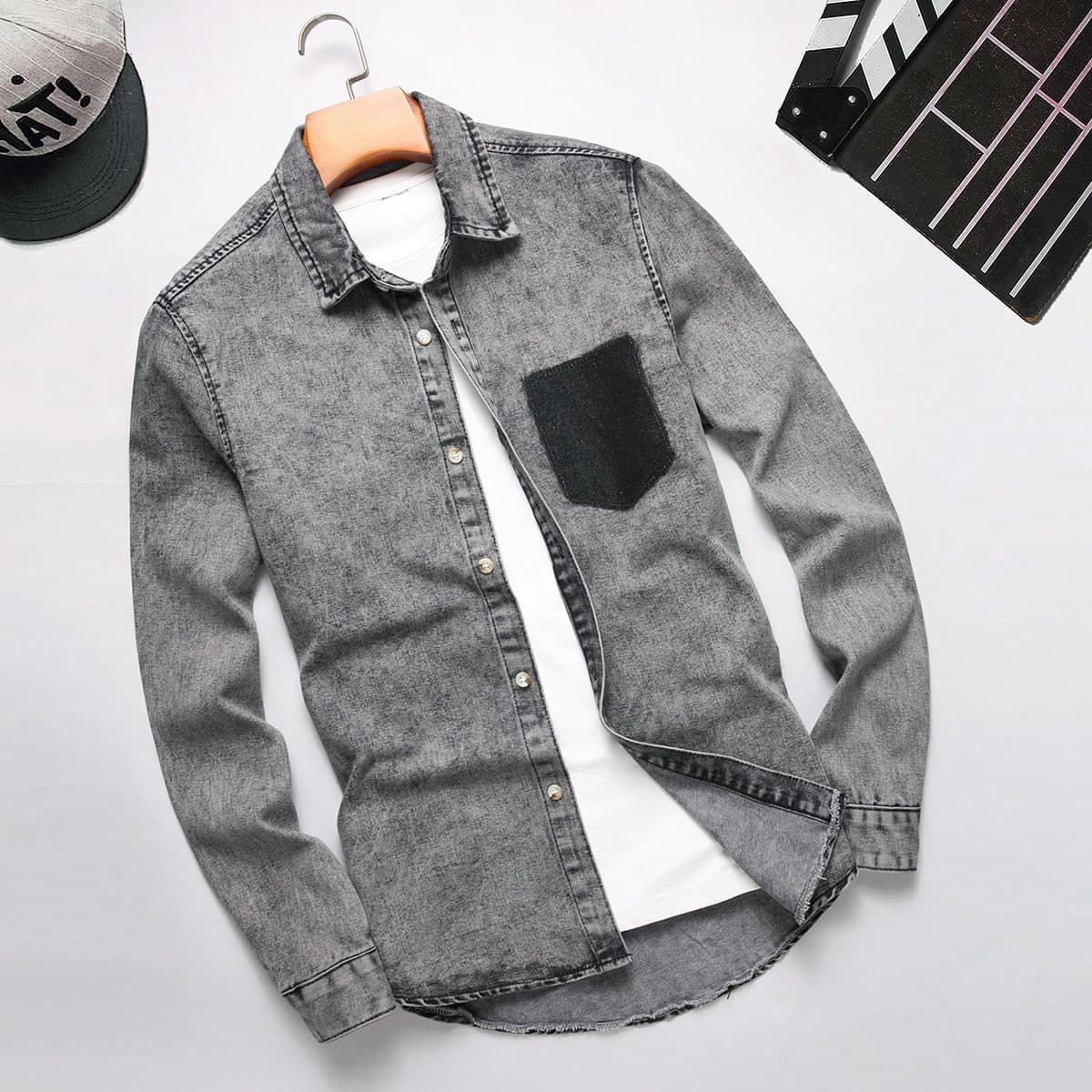 Chemise en jean décontractée et de voyage contrastée à manches longues pour hommes, printemps et été