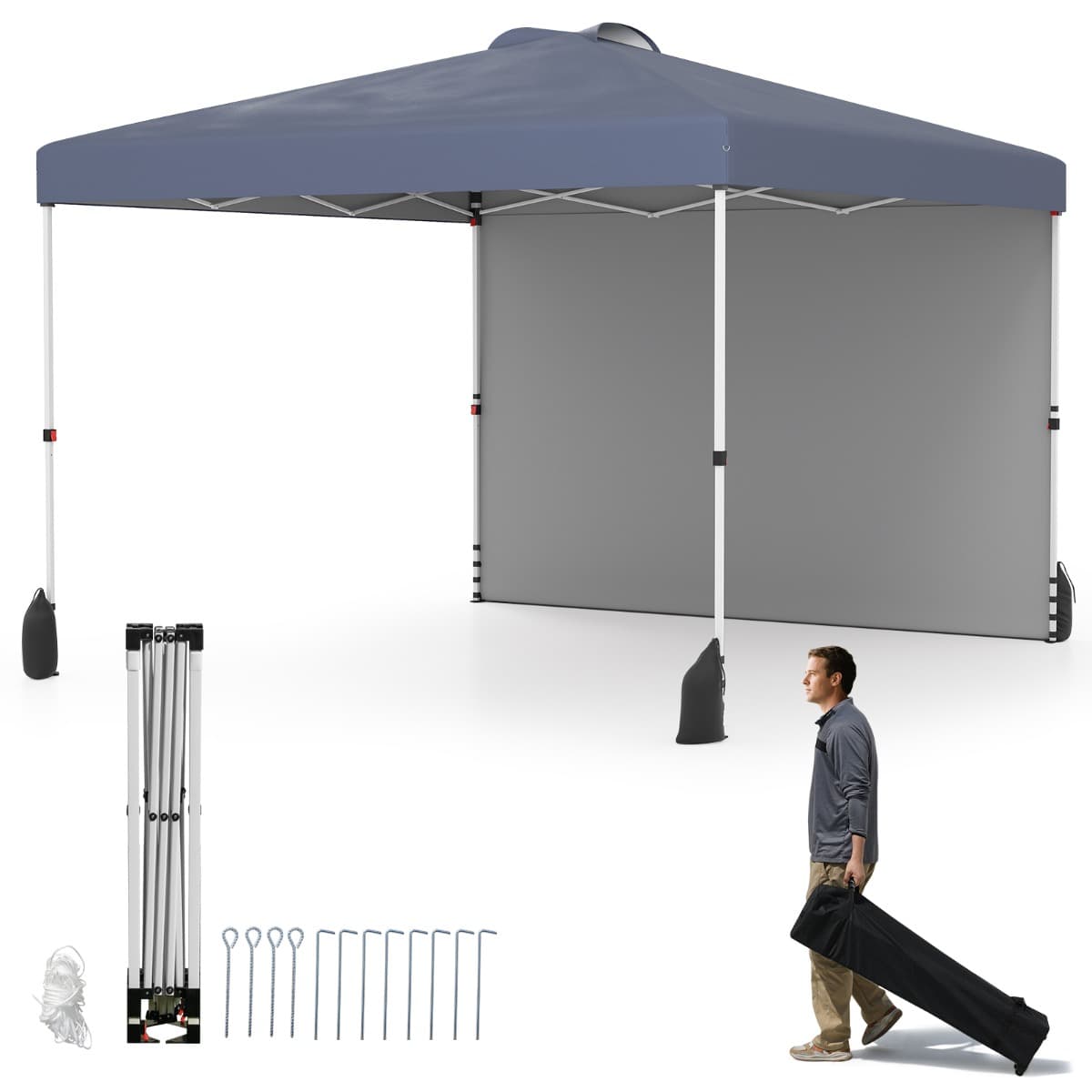 Costway3X3M Tente de Canopée Rabattable avec 1 Paroi Latérale Sac à Roulettes 8 Piquets 4 Ancrages 4 Câbles de Vent 4 Sacs de Sable Gris